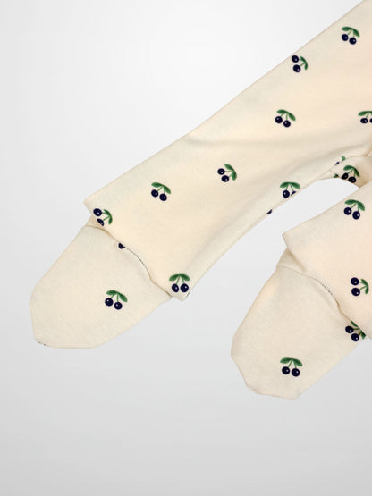 Blue Cherry Stretchy boys stretchies by Adee; cream fabric with blue cherries and green leaves.