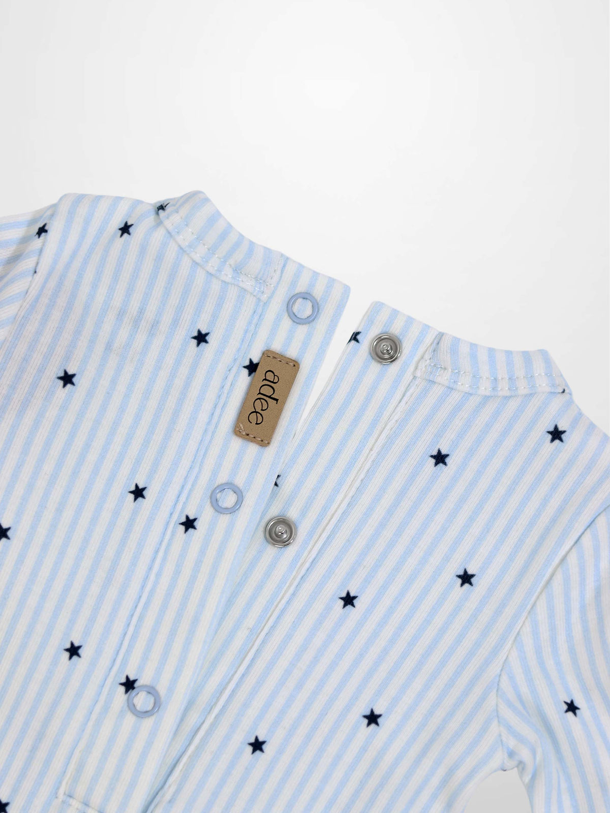 Blue Star Stretchy boys stretchies by Adee, light blue and white striped fabric with navy stars and snap front placket.