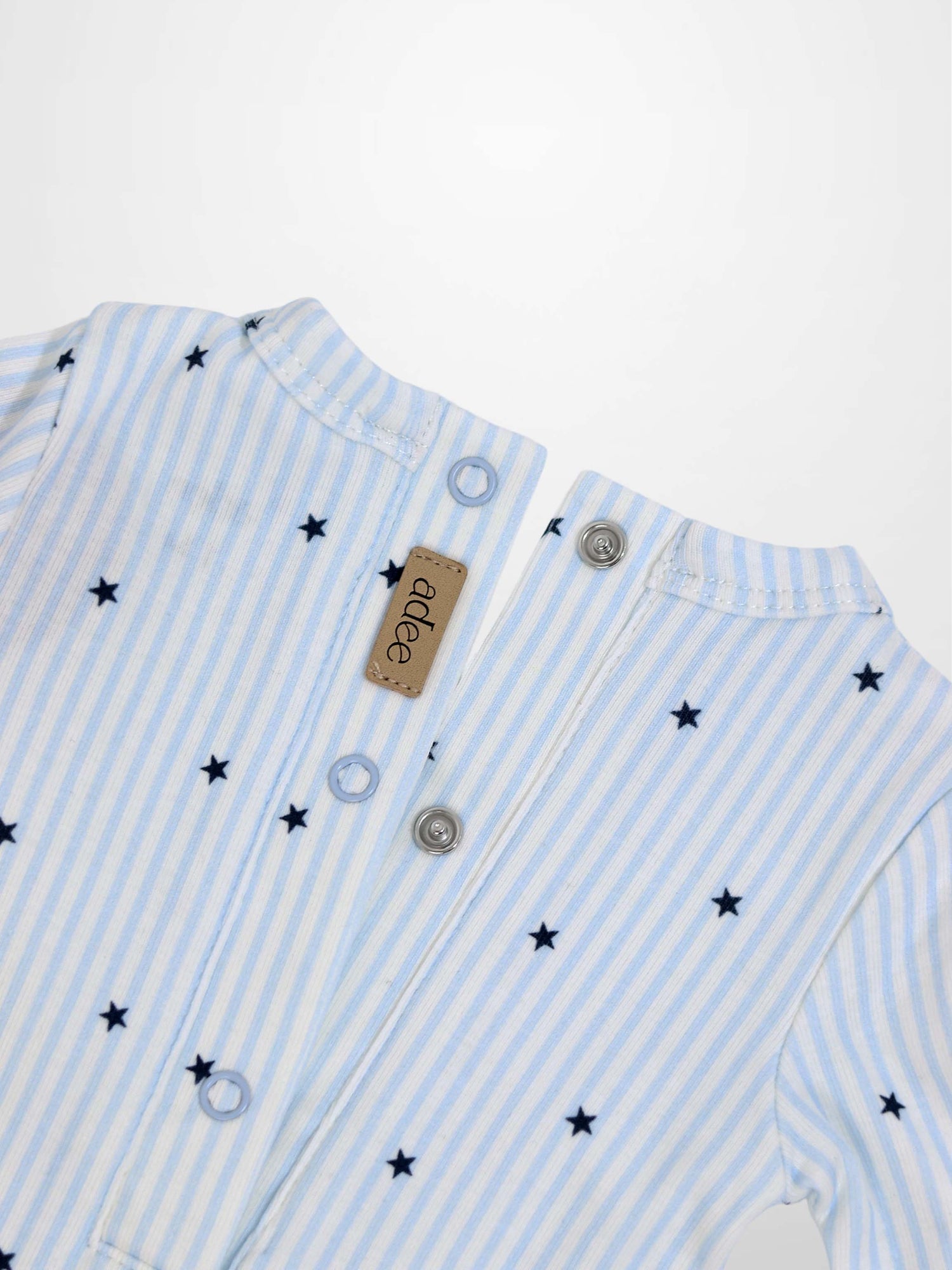 Blue Star Stretchy boys stretchies by Adee, light blue and white striped fabric with navy stars and snap front placket.