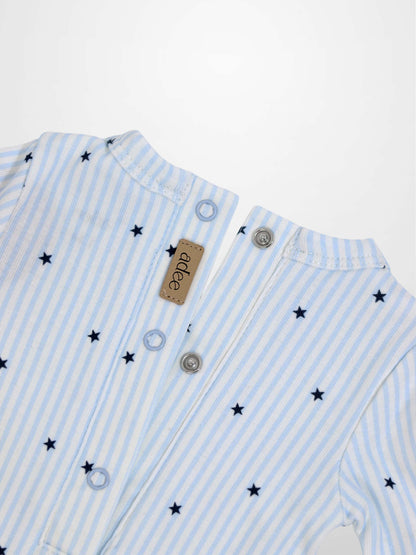 Blue Star Stretchy boys stretchies by Adee, light blue and white striped fabric with navy stars and snap front placket.