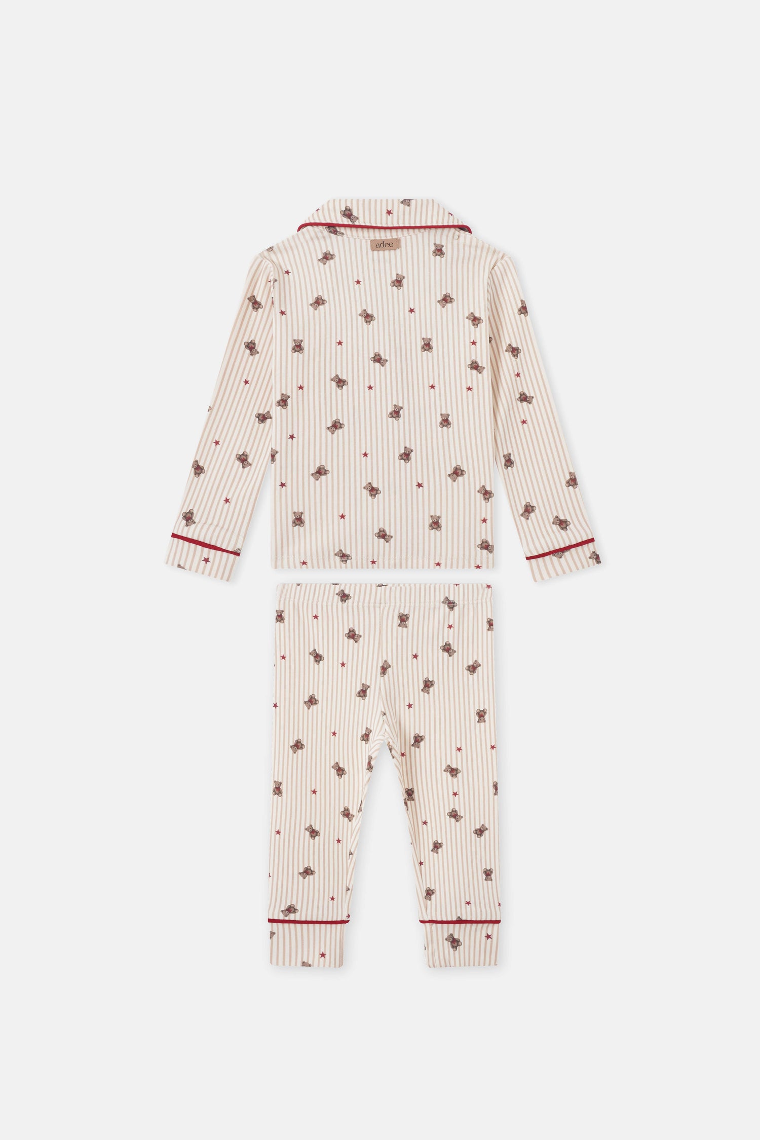 Striped bear pajamas two-piece set for girls by Adee in cream with red stripes, bear prints and red piping.
