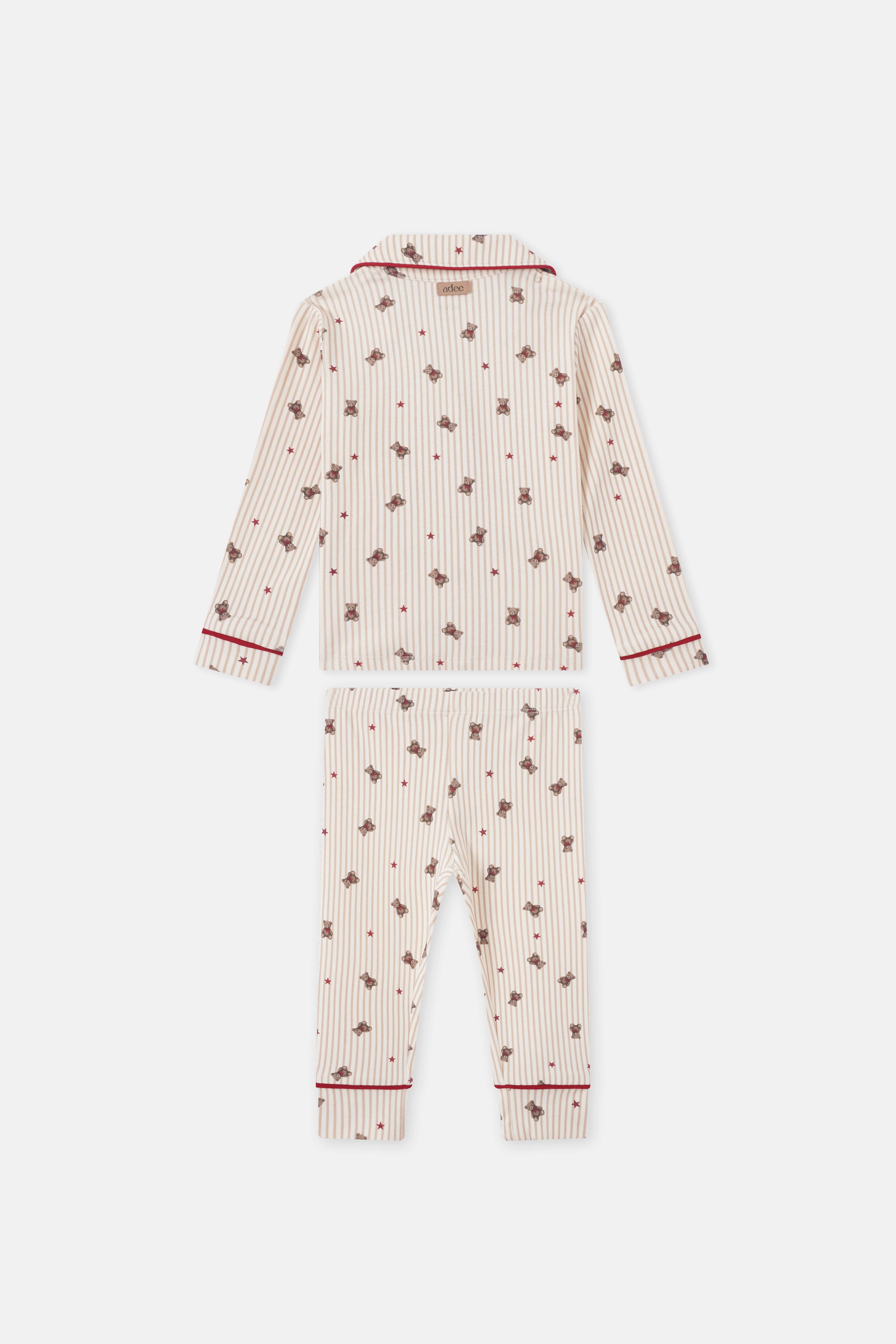 Striped bear pajamas two-piece set for girls by Adee in cream with red stripes, bear prints and red piping.