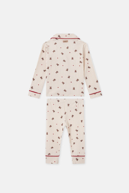 Striped bear pajamas two-piece set for girls by Adee in cream with red stripes, bear prints and red piping.
