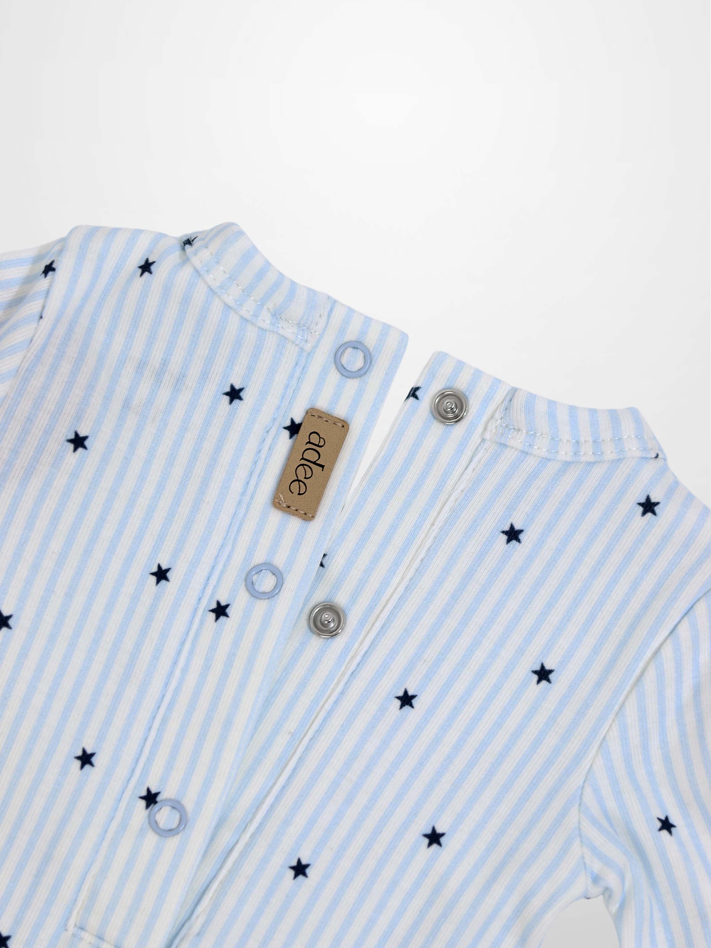 Blue Star Stretchy baby footie jumpsuit in light blue stripes with dark blue stars and snap buttons.