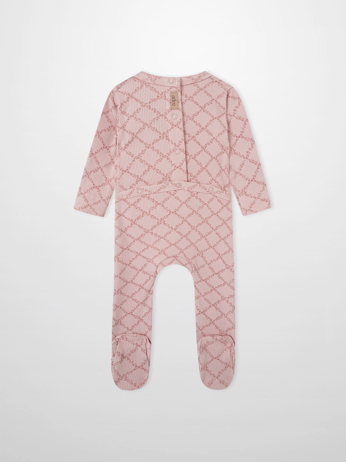 Pink Leaf Stretchy; Adee girls stretchies in pink with lattice leaf pattern, footed one-piece.