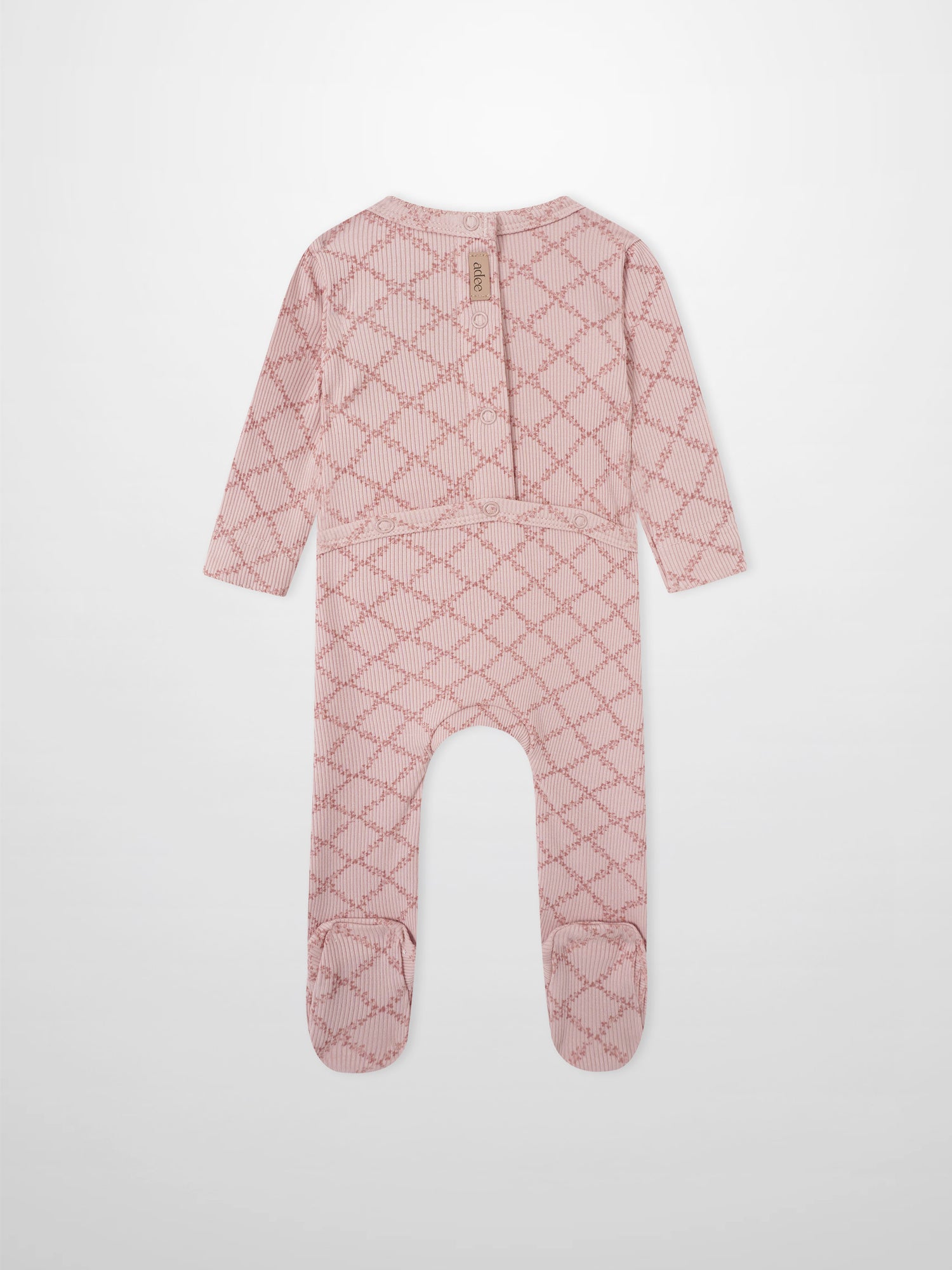 Pink Leaf Stretchy; Adee girls stretchies in pink with lattice leaf pattern, footed one-piece.