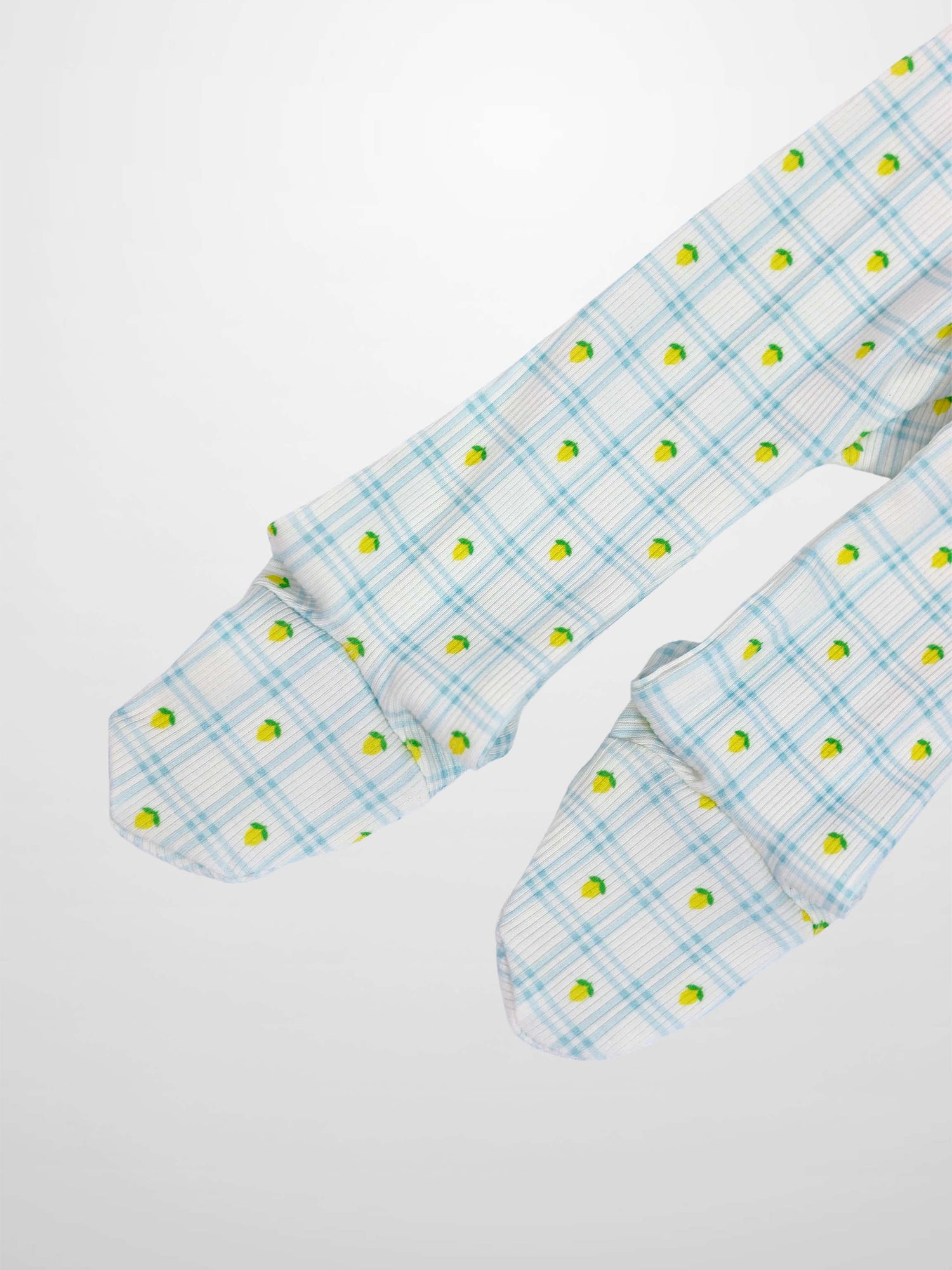 Lemon Window Stretchy Boys Stretchies in white base with light blue plaid and lemon prints