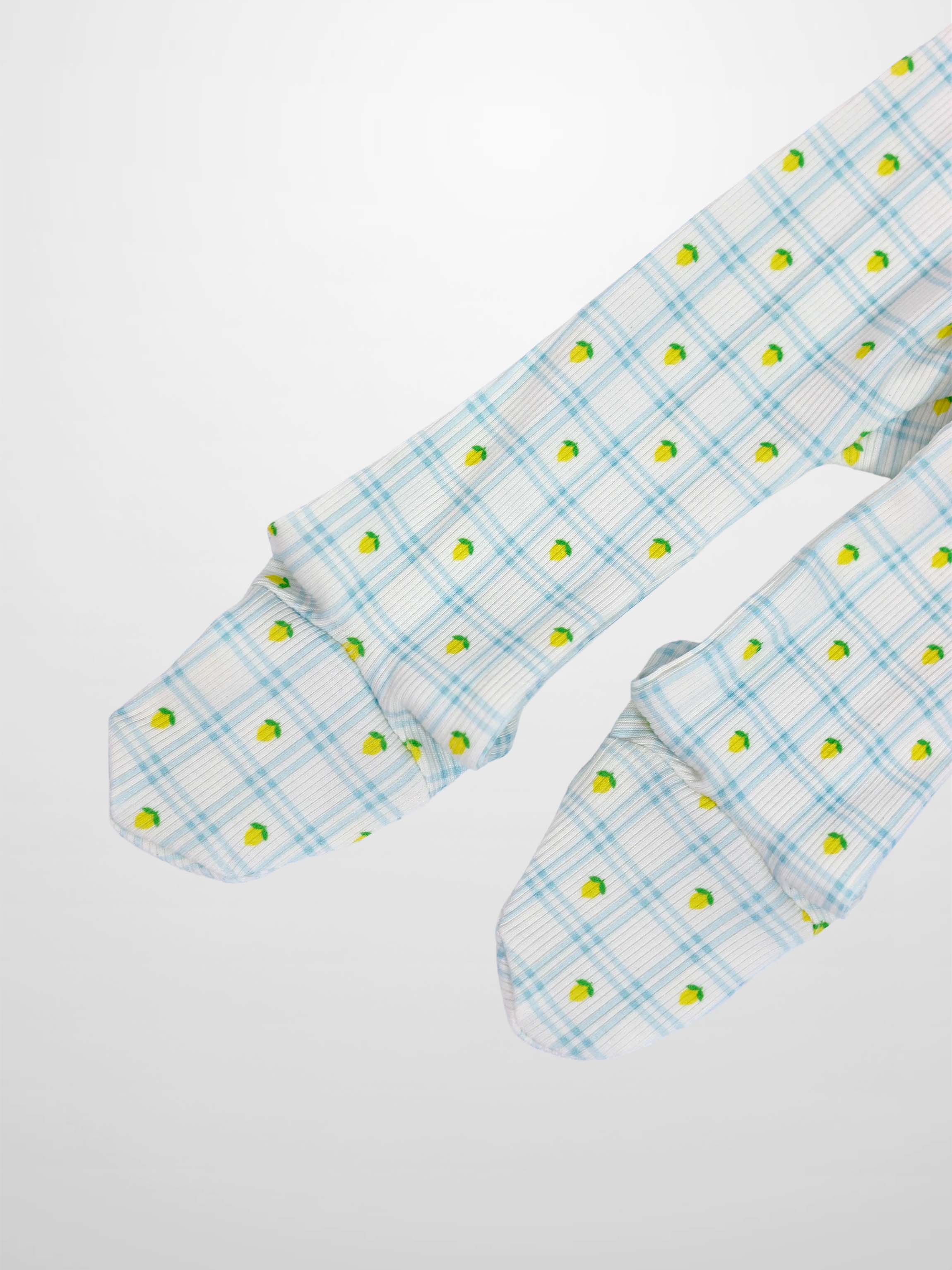 Lemon Window Stretchy Boys Stretchies in white base with light blue plaid and lemon prints