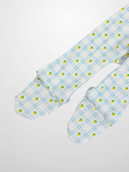 Lemon Window Stretchy Boys Stretchies in white base with light blue plaid and lemon prints