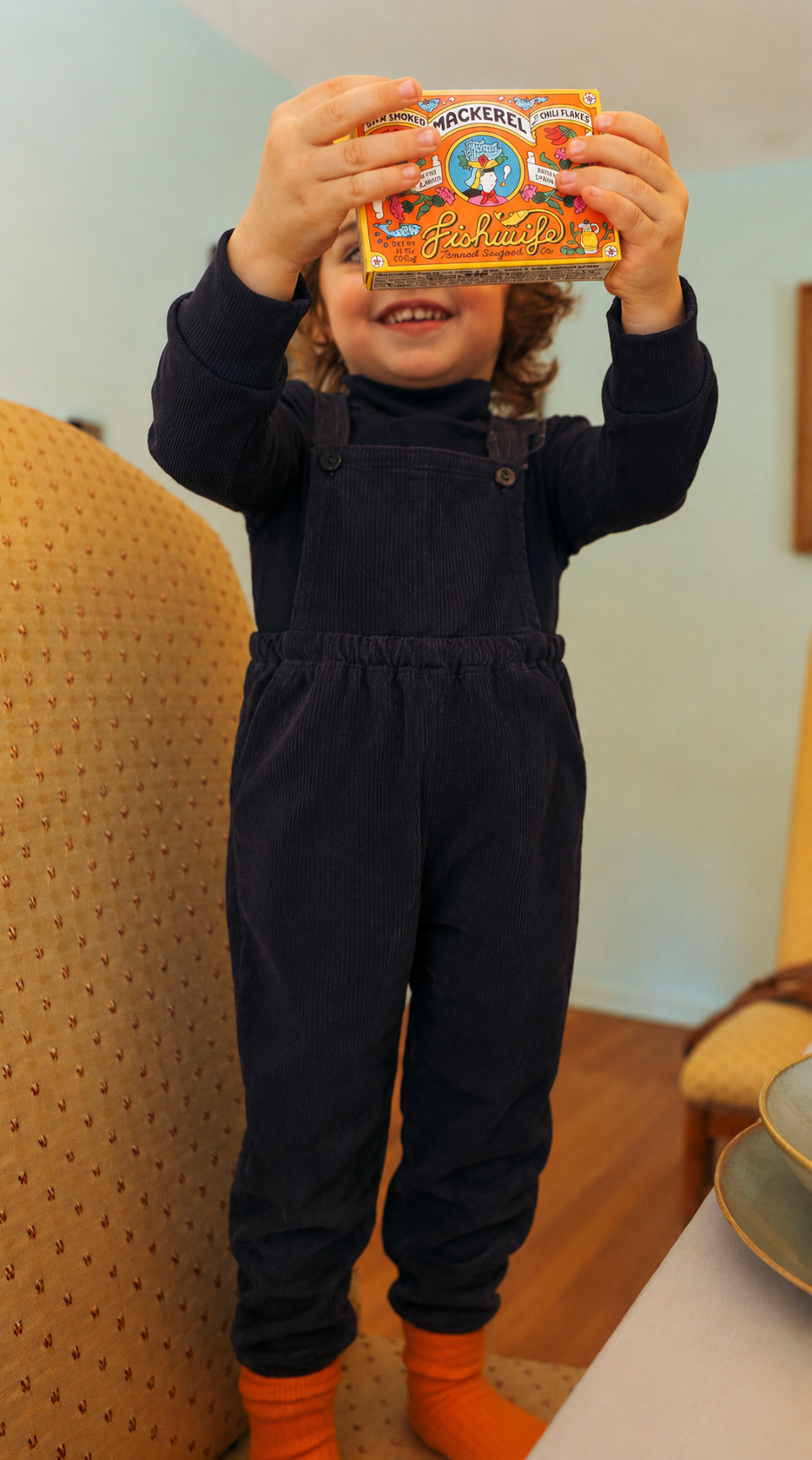 Unisex grey corduroy overalls with elastic waistband