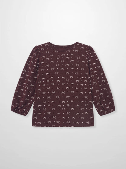 Burgundy Bow T-Shirt for girls by Adee, long-sleeve top with small white bow pattern
