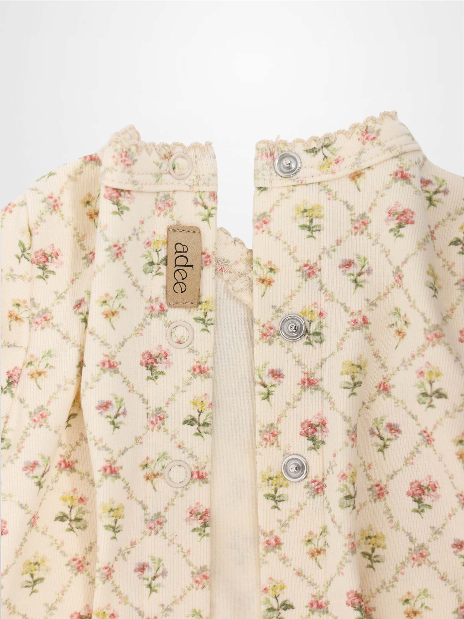 Flower Garden Stretchy girls stretchies, cream floral lattice fabric with metal snaps and Adee tag
