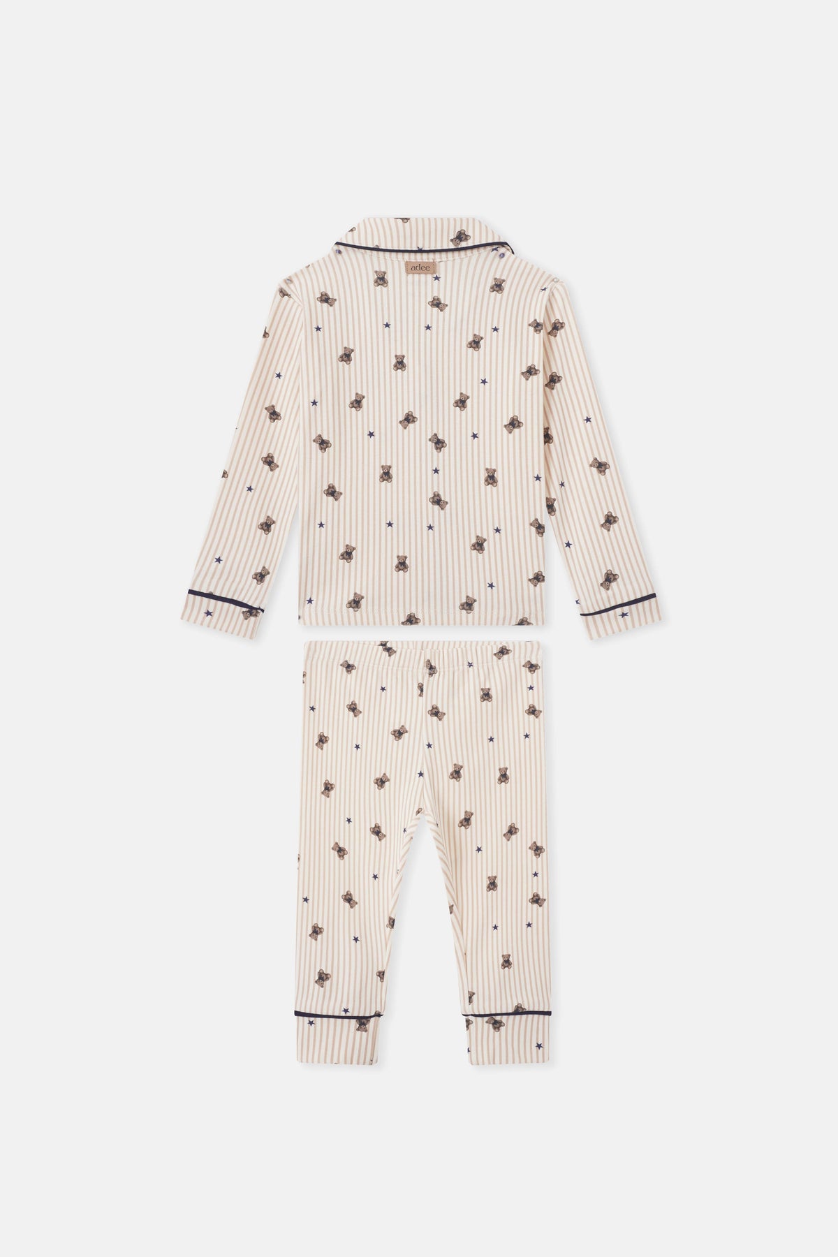 Adee Striped Bear Pajamas for boys; beige striped set with bear prints and navy stars, navy cuffs.