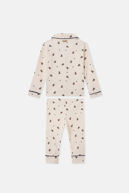 Adee Striped Bear Pajamas for boys; beige striped set with bear prints and navy stars, navy cuffs.