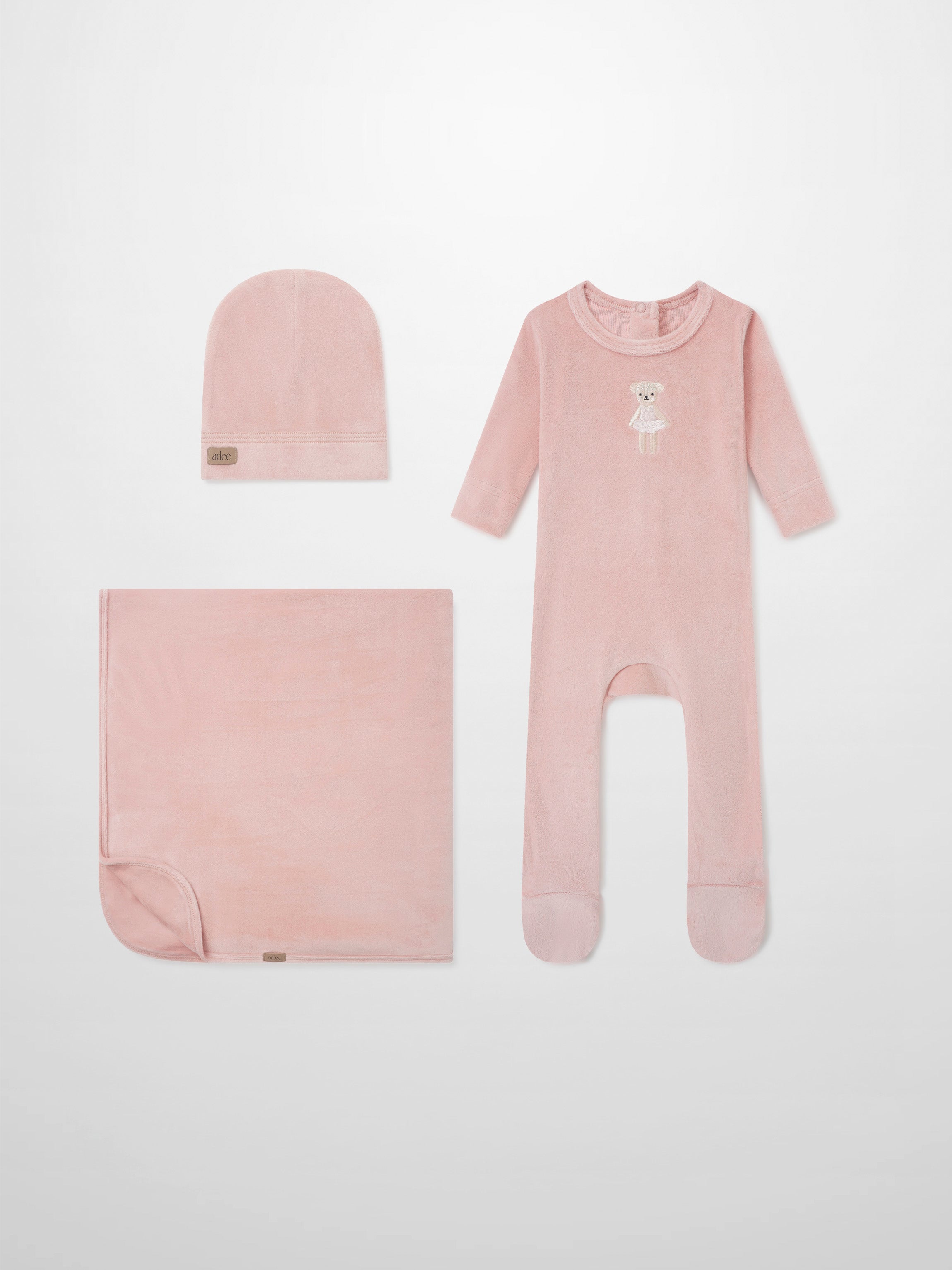 Ballerina Bear layette set by Adee in pink; includes hat, blanket, and pink footed romper with teddy embroidery.