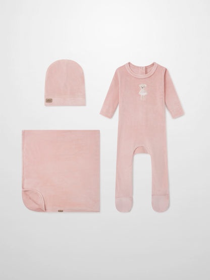Ballerina Bear layette set by Adee in pink; includes hat, blanket, and pink footed romper with teddy embroidery.