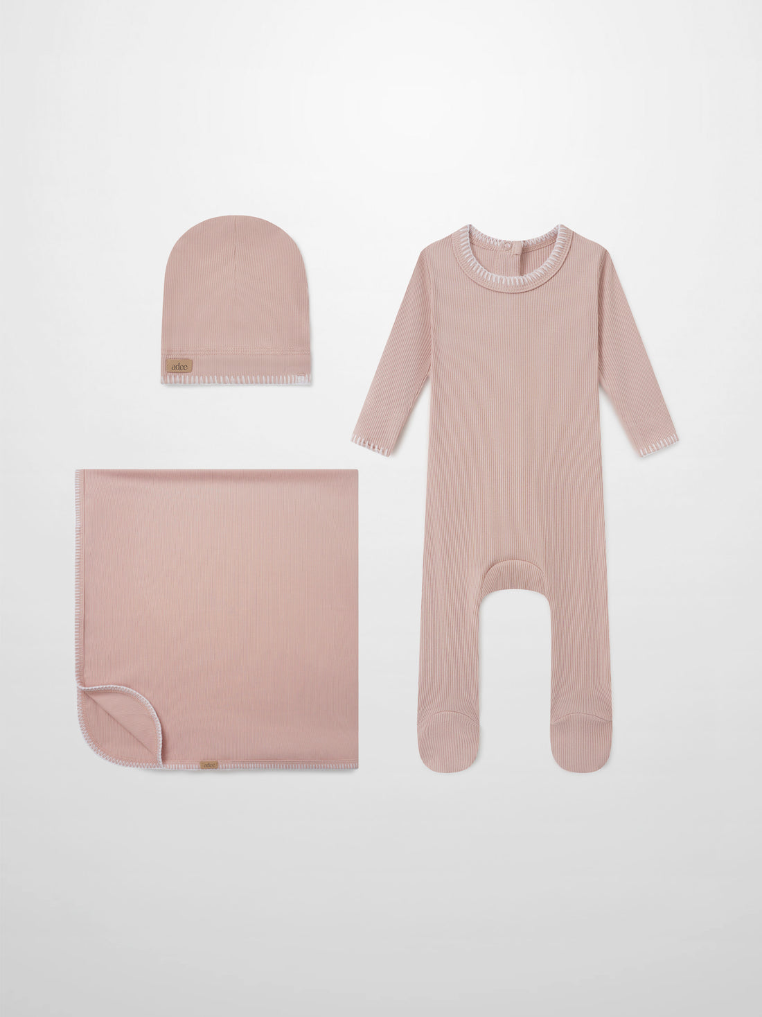 Legacy Stitch Light Pink girls layette set (3-piece) by Adee: ribbed knit hat, long-sleeve onesie, and blanket