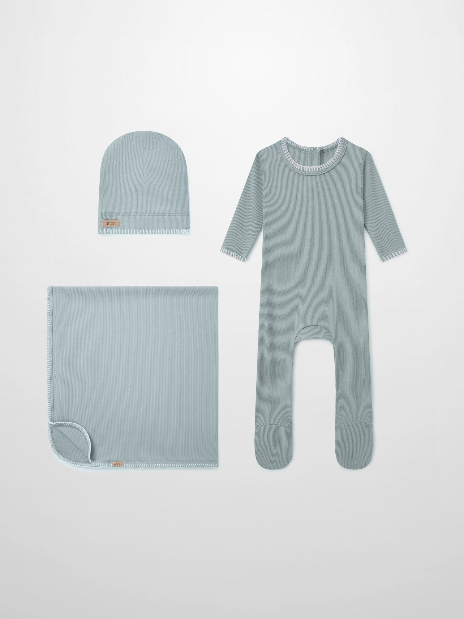 Legacy Stitch light blue layette set by Adee: 3-piece with hat, blanket, and footed romper