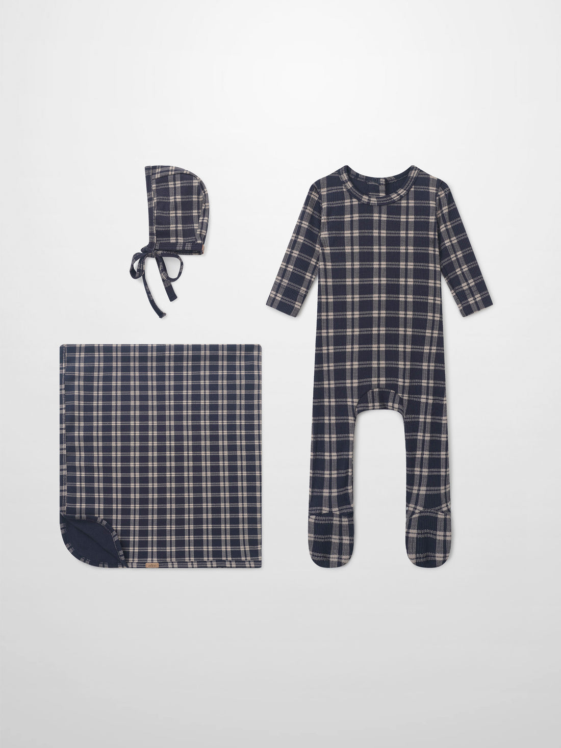 Adee navy plaid baby layette set, 3-piece: bonnet, footed sleeper, and blanket