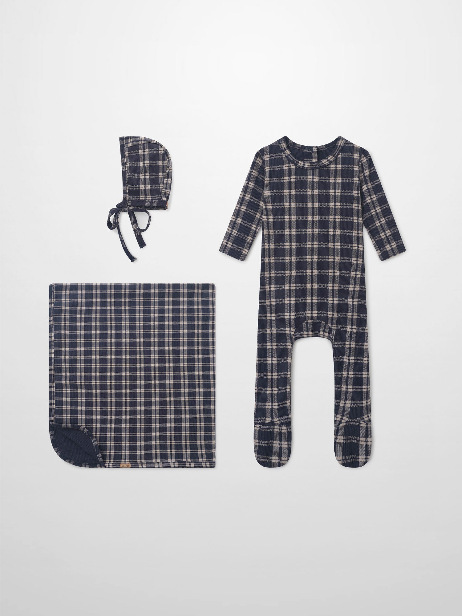 Adee navy plaid baby layette set, 3-piece: bonnet, footed sleeper, and blanket