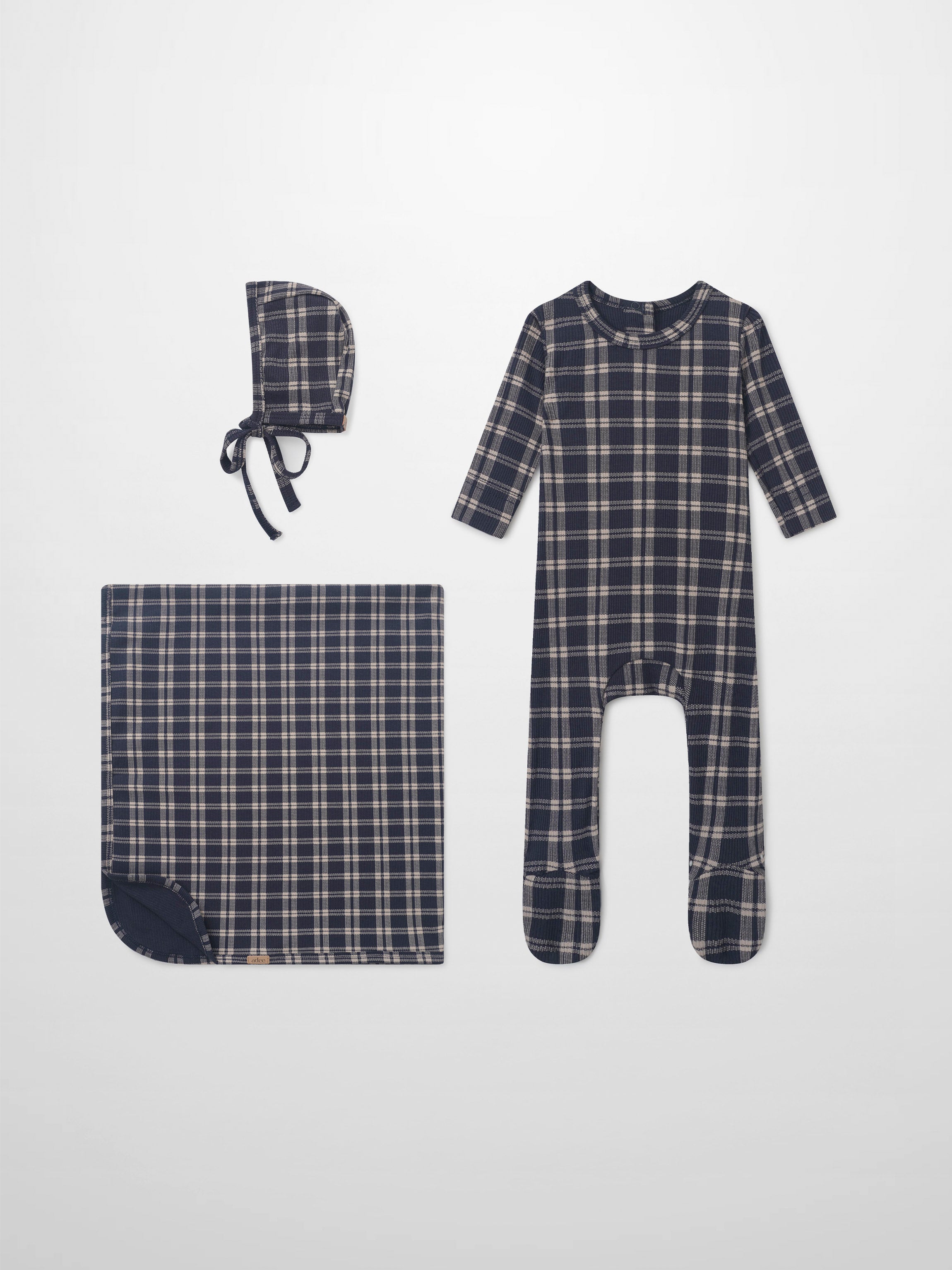 Adee navy plaid baby layette set, 3-piece: bonnet, footed sleeper, and blanket
