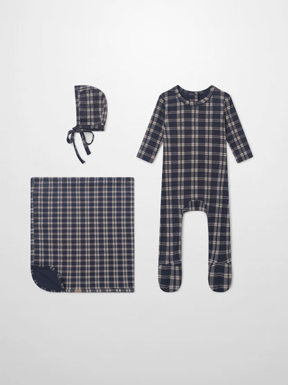 Adee navy plaid baby layette set, 3-piece: bonnet, footed sleeper, and blanket