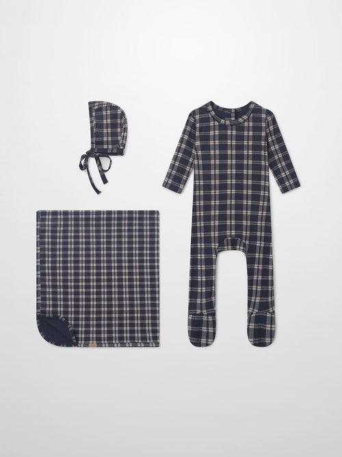 Adee navy plaid baby layette set, 3-piece: bonnet, footed sleeper, and blanket