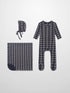 Adee navy plaid baby layette set, 3-piece: bonnet, footed sleeper, and blanket