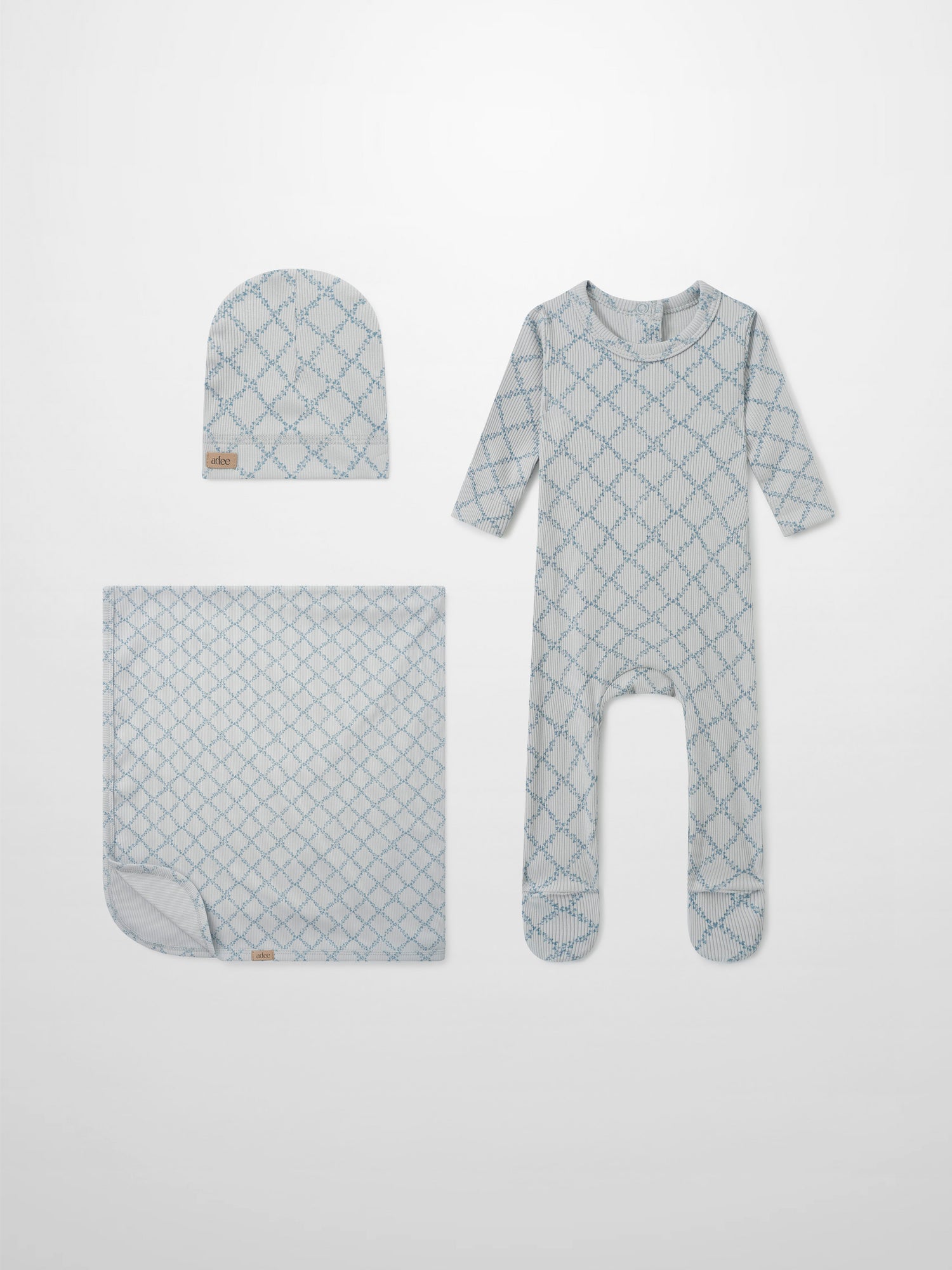 Adee Blue Leaf layette set for boys including hat, blanket and footed sleepsuit in blue lattice pattern