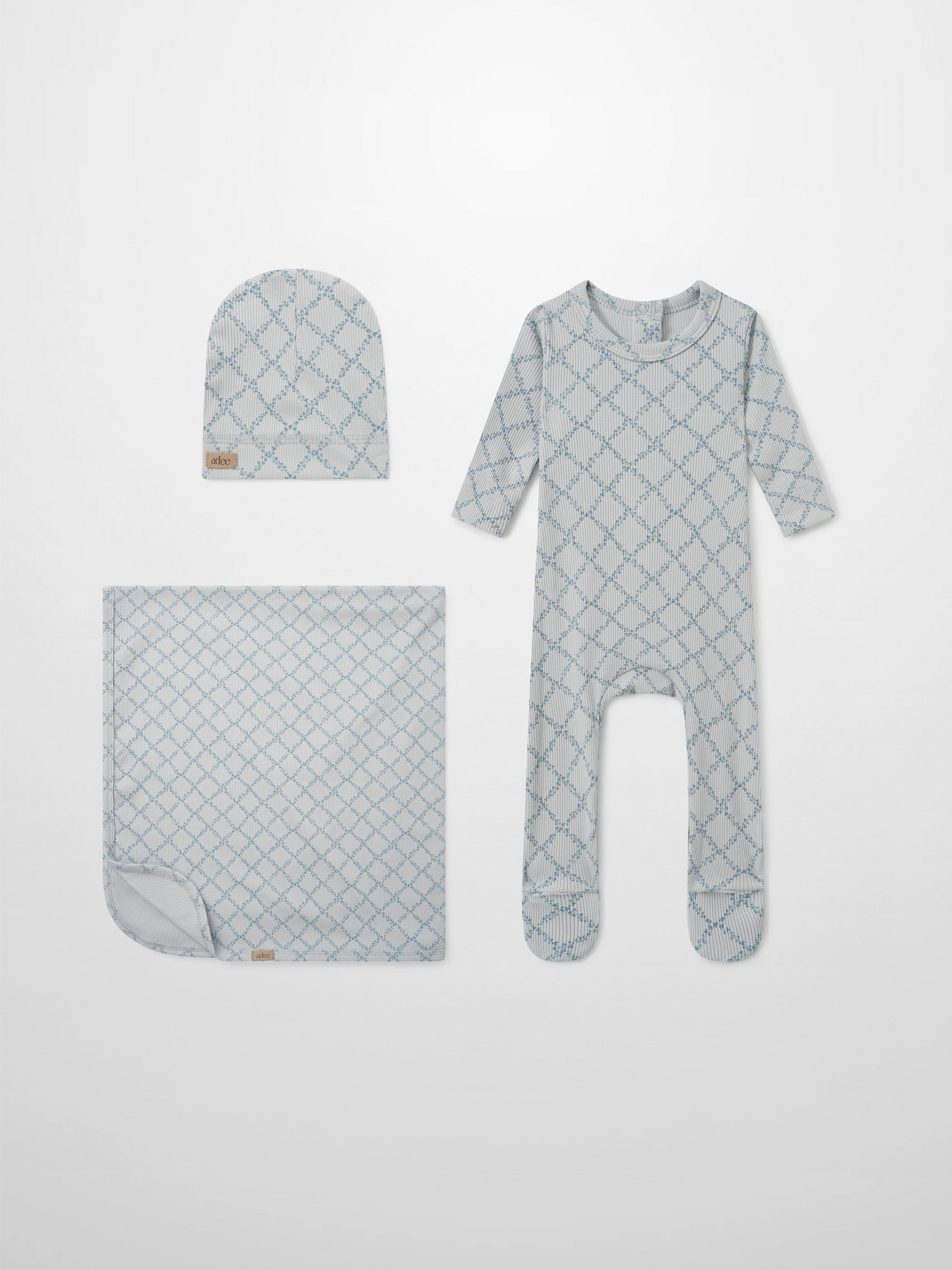 Adee Blue Leaf layette set for boys including hat, blanket and footed sleepsuit in blue lattice pattern