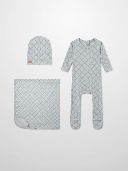 Adee Blue Leaf layette set for boys including hat, blanket and footed sleepsuit in blue lattice pattern