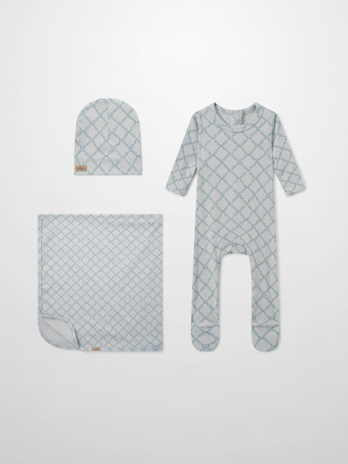 Adee Blue Leaf layette set for boys including hat, blanket and footed sleepsuit in blue lattice pattern
