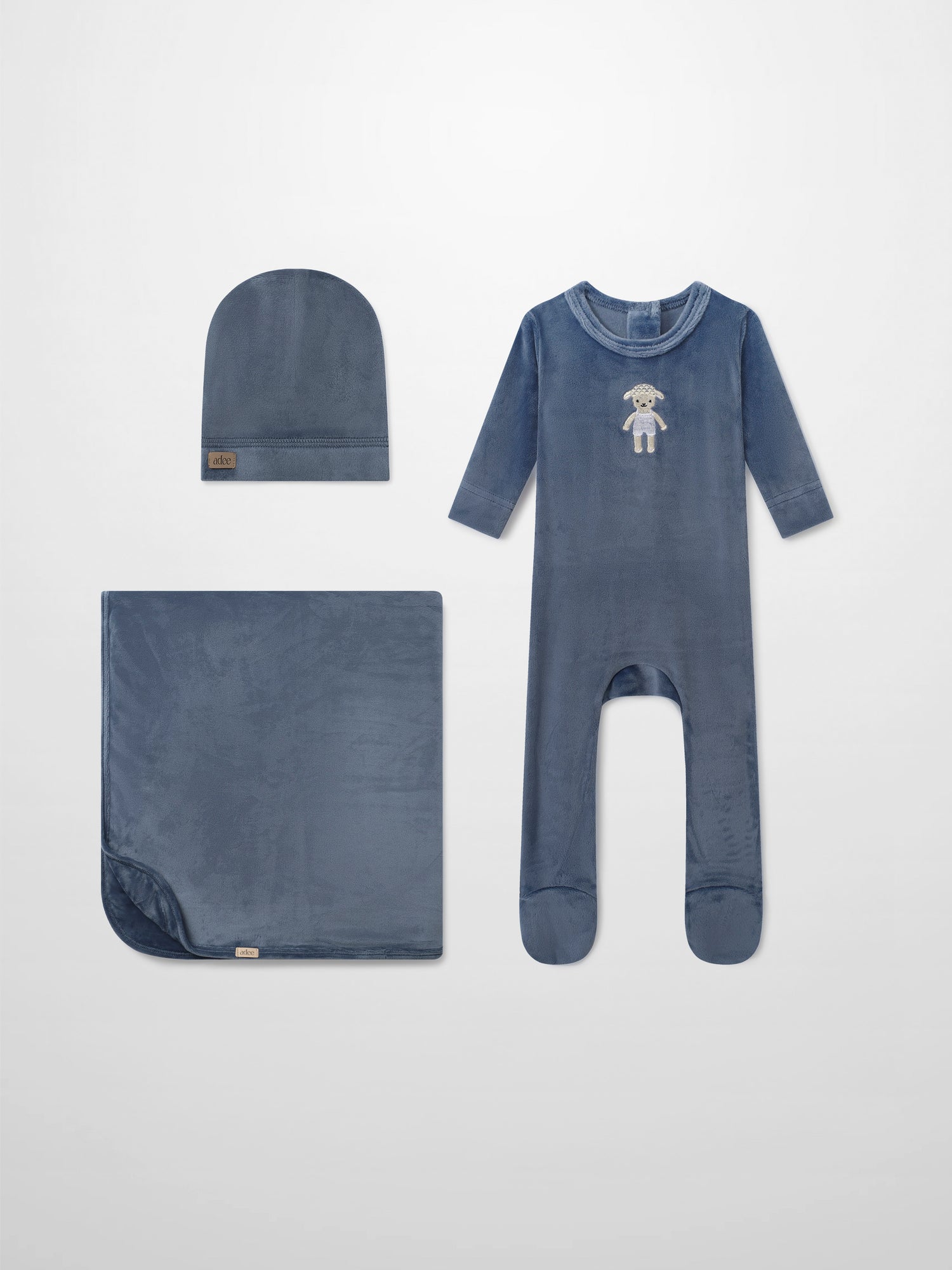 Adee Baby Lamb blue velour layette set: hat, blanket, and footed romper with lamb embroidery