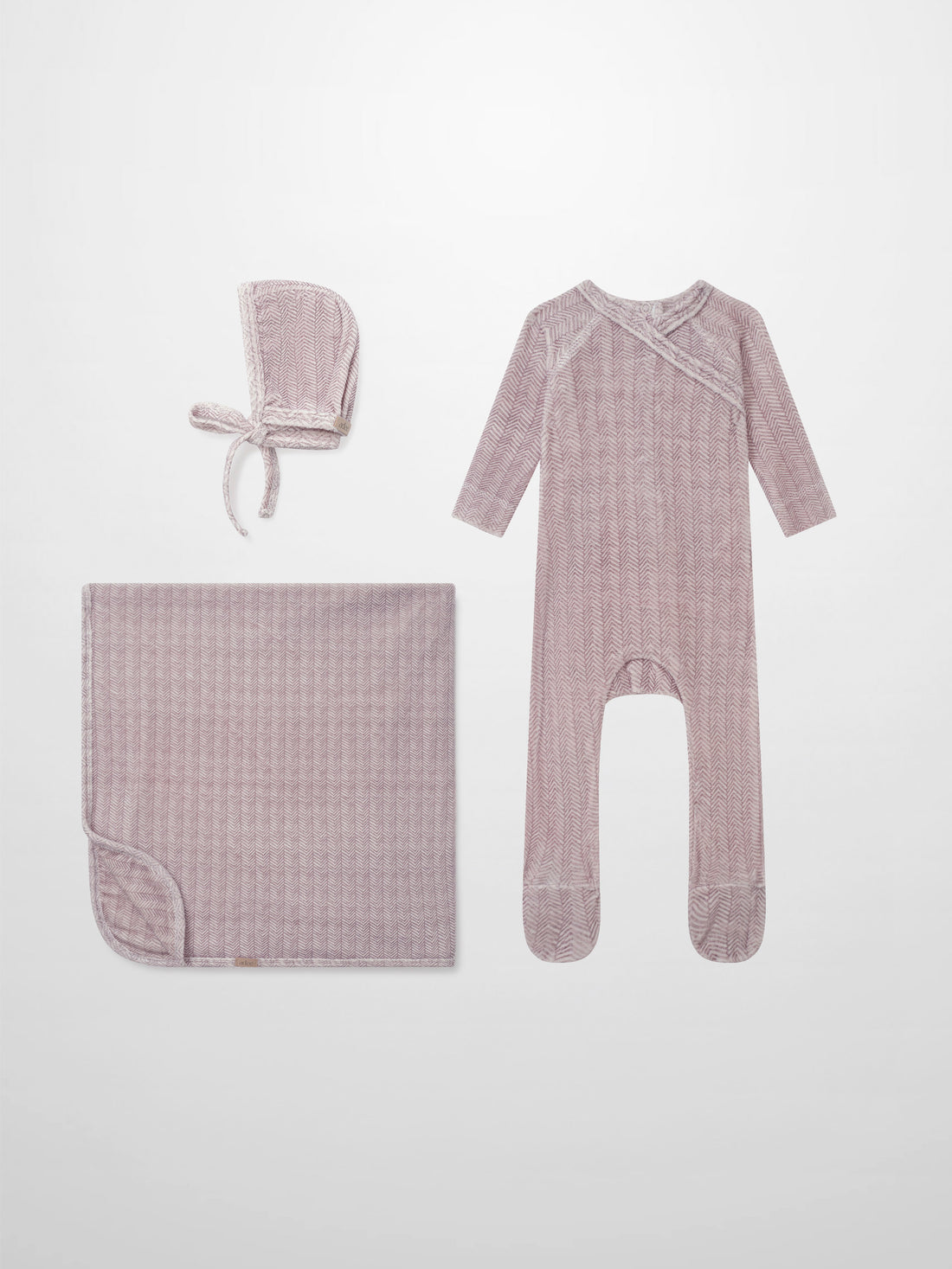 Adee Heritage Herringbone Red layette set for girls, 3-piece with hat, blanket, and footed romper.