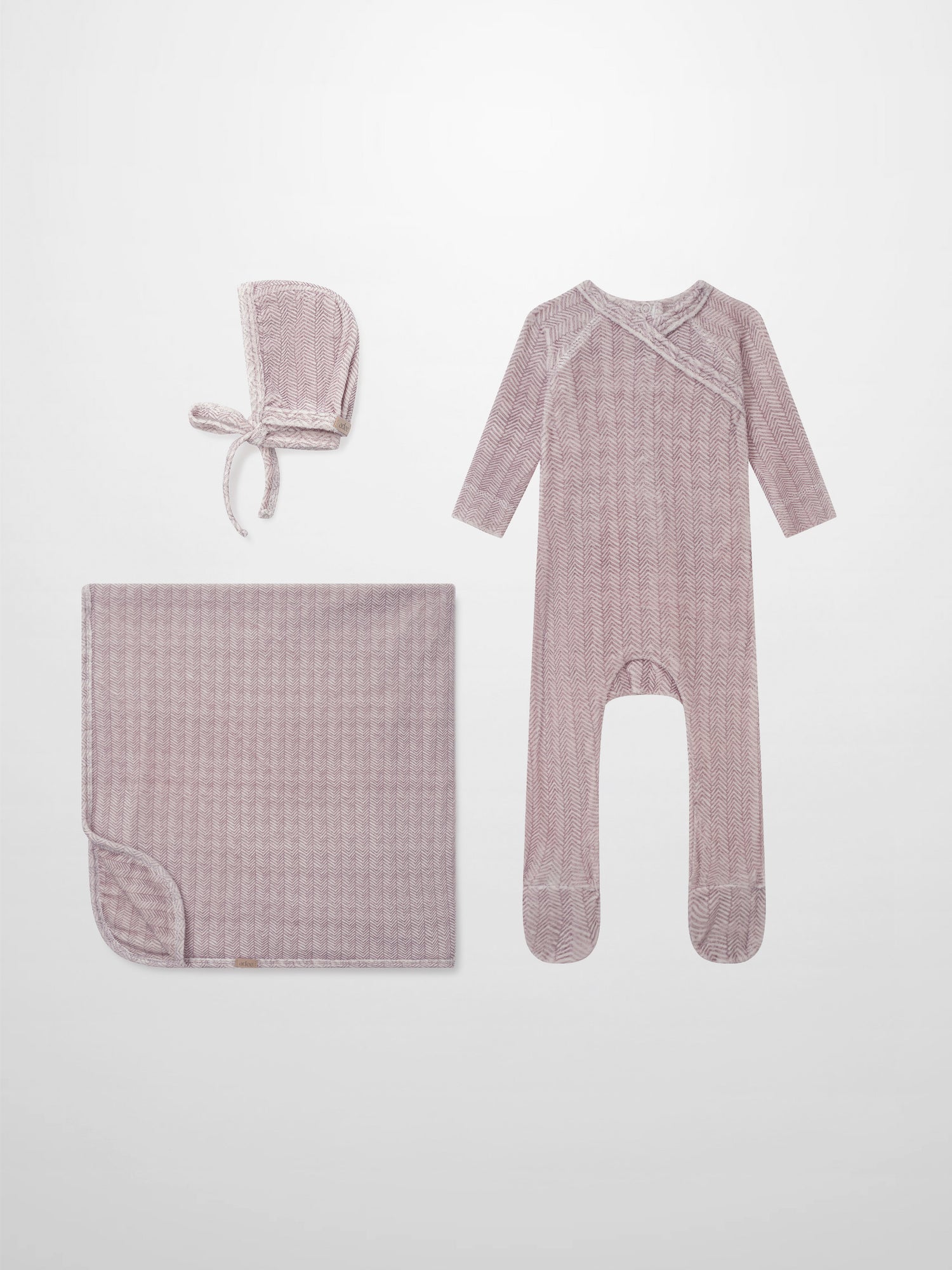 Adee Heritage Herringbone Red layette set for girls, 3-piece with hat, blanket, and footed romper.