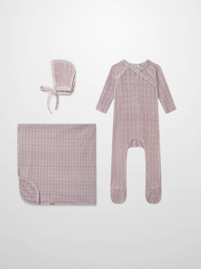 Adee Heritage Herringbone Red layette set for girls, 3-piece with hat, blanket, and footed romper.