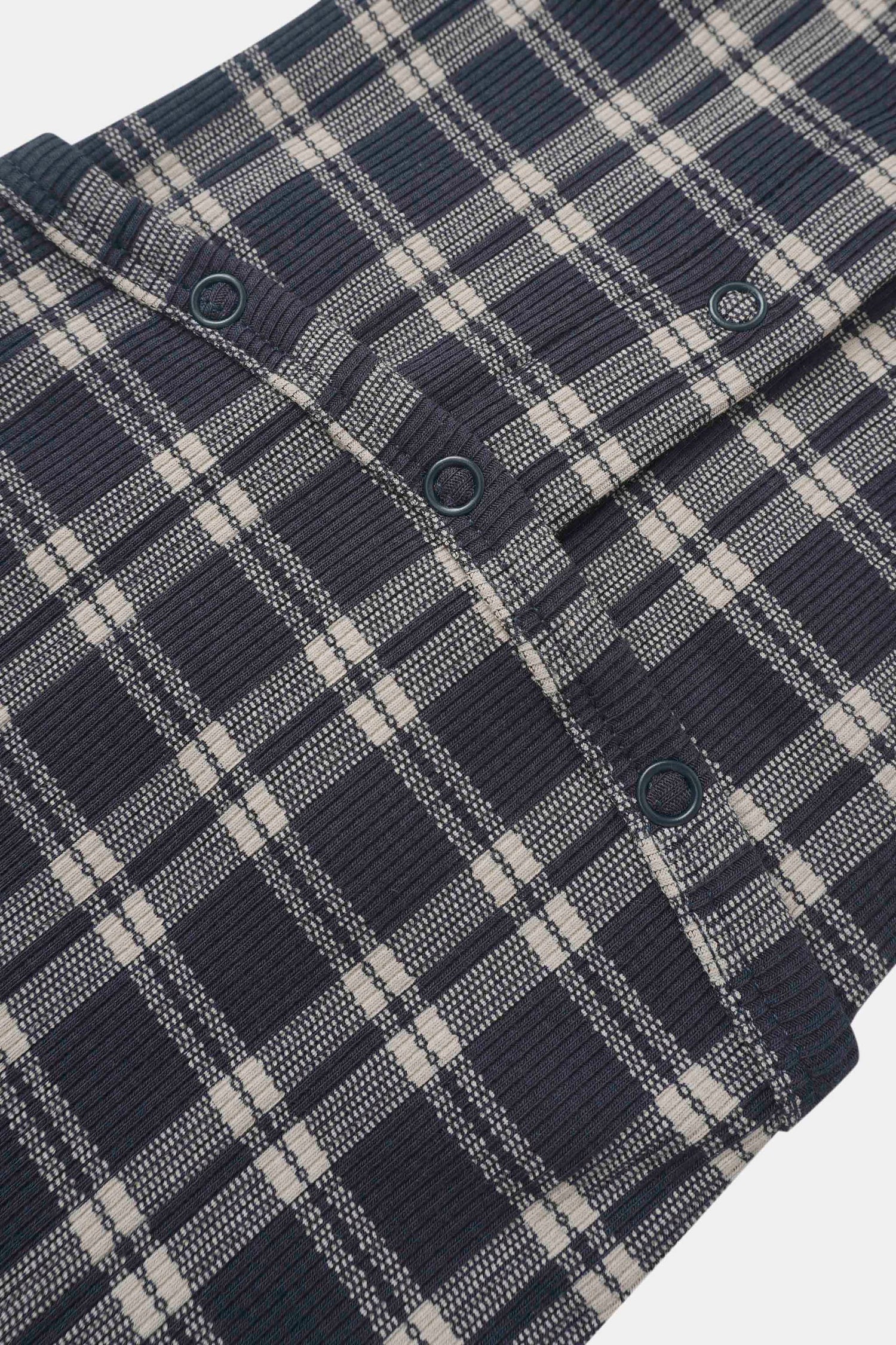 Navy Plaid Layette Set by Adee; boys clothing in navy plaid fabric with teal ring accents