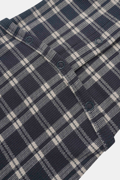 Navy Plaid Layette Set by Adee; boys clothing in navy plaid fabric with teal ring accents