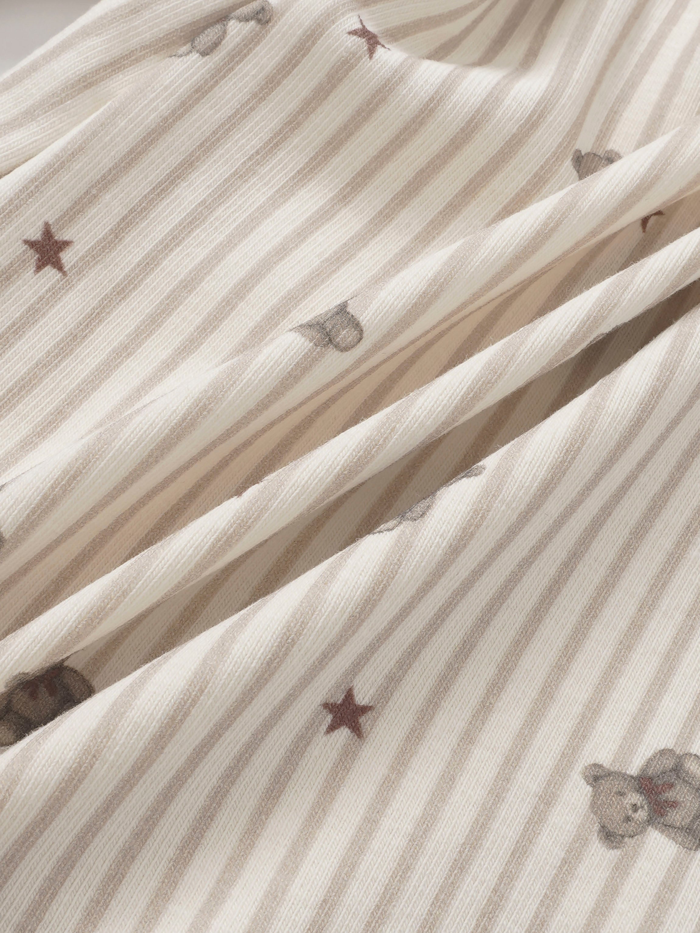 Striped Bear Stretchy - Red: beige striped knit fabric with tiny bear and star prints