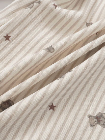 Striped Bear Stretchy - Red: beige striped knit fabric with tiny bear and star prints
