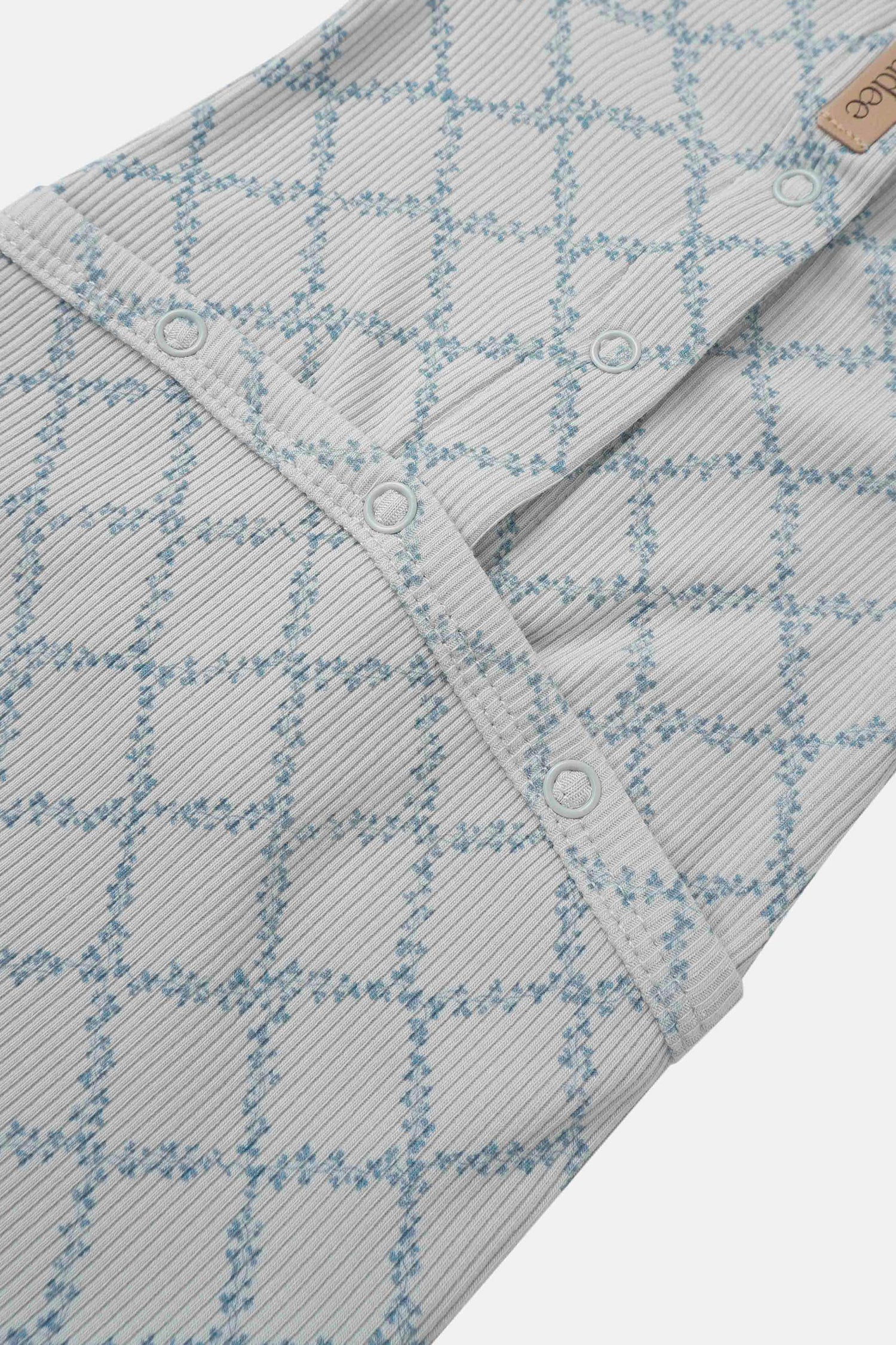 Blue Leaf Stretchy by Adee; boys stretchies in light gray fabric with blue leaf plaid and snap buttons