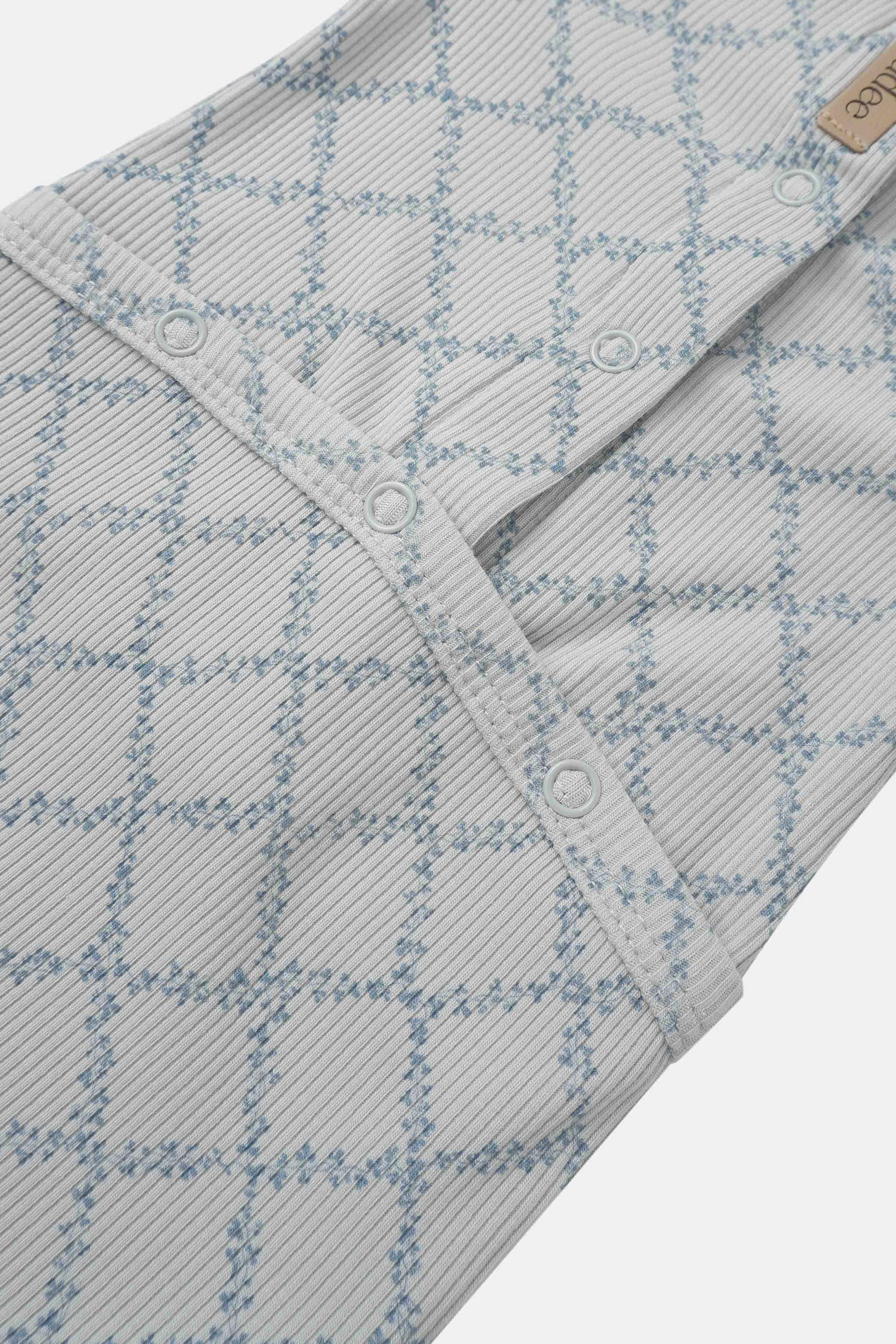 Blue Leaf Stretchy by Adee; boys stretchies in light gray fabric with blue leaf plaid and snap buttons