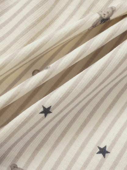 Striped Bear Stretchy for boys; beige and cream striped fabric with small dark stars and soft texture
