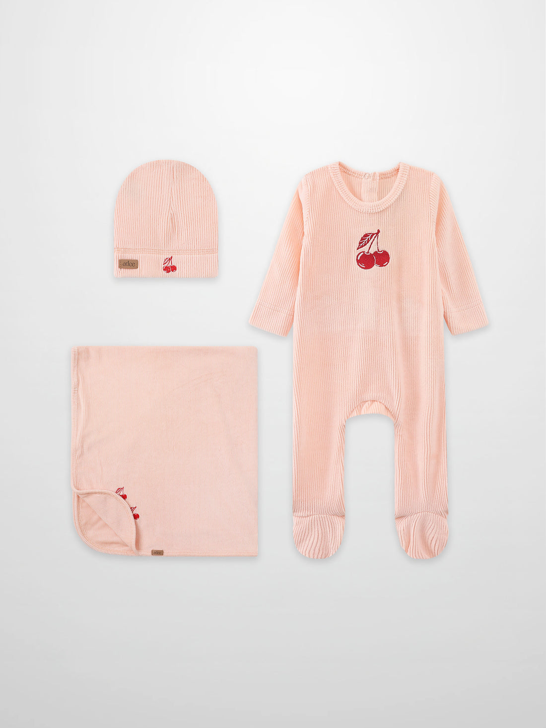 Layette set Embroidered Cherry by Adee in pink, 3-piece includes hat, blanket, and footed romper