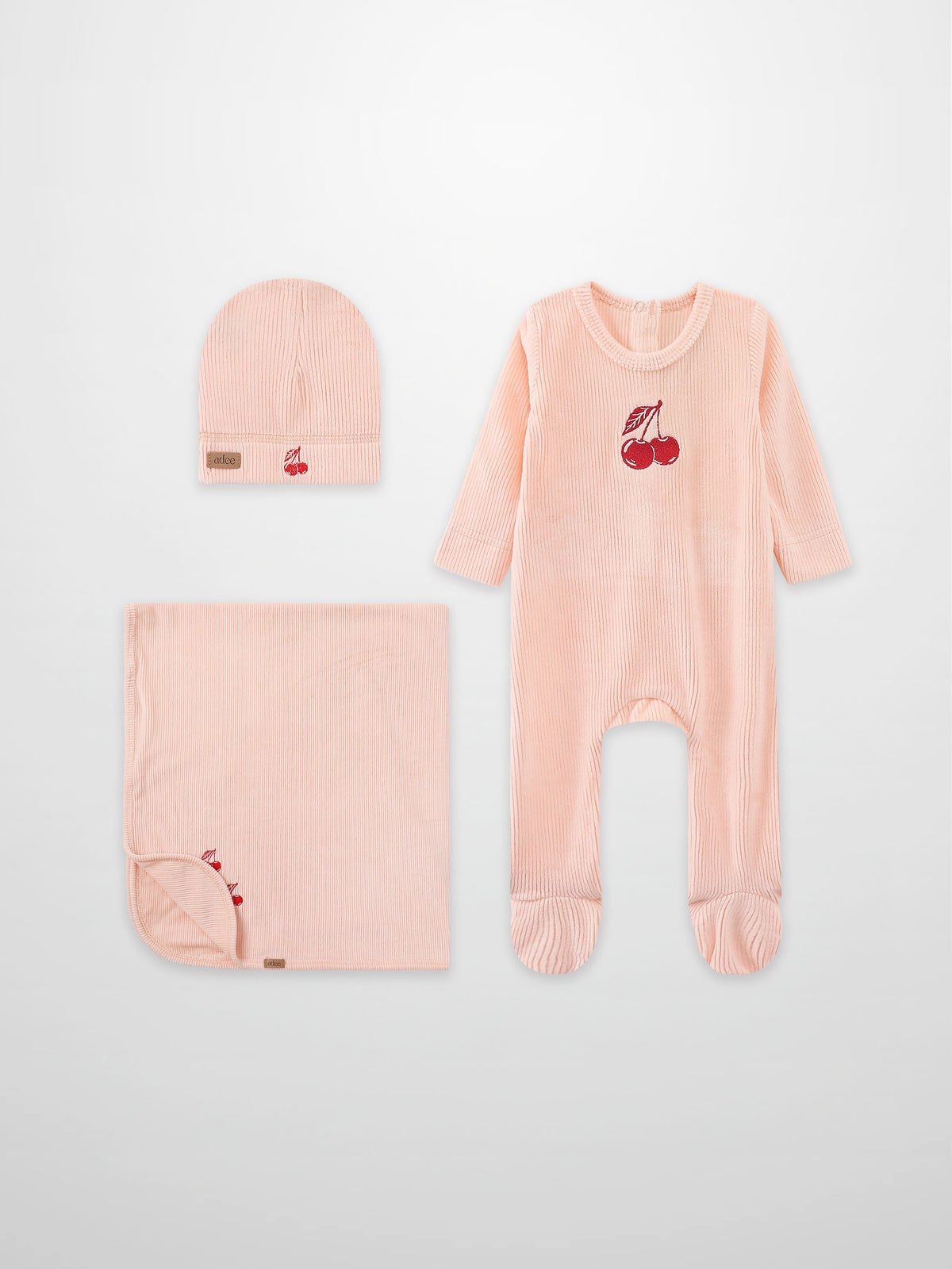 Layette set Embroidered Cherry by Adee in pink, 3-piece includes hat, blanket, and footed romper