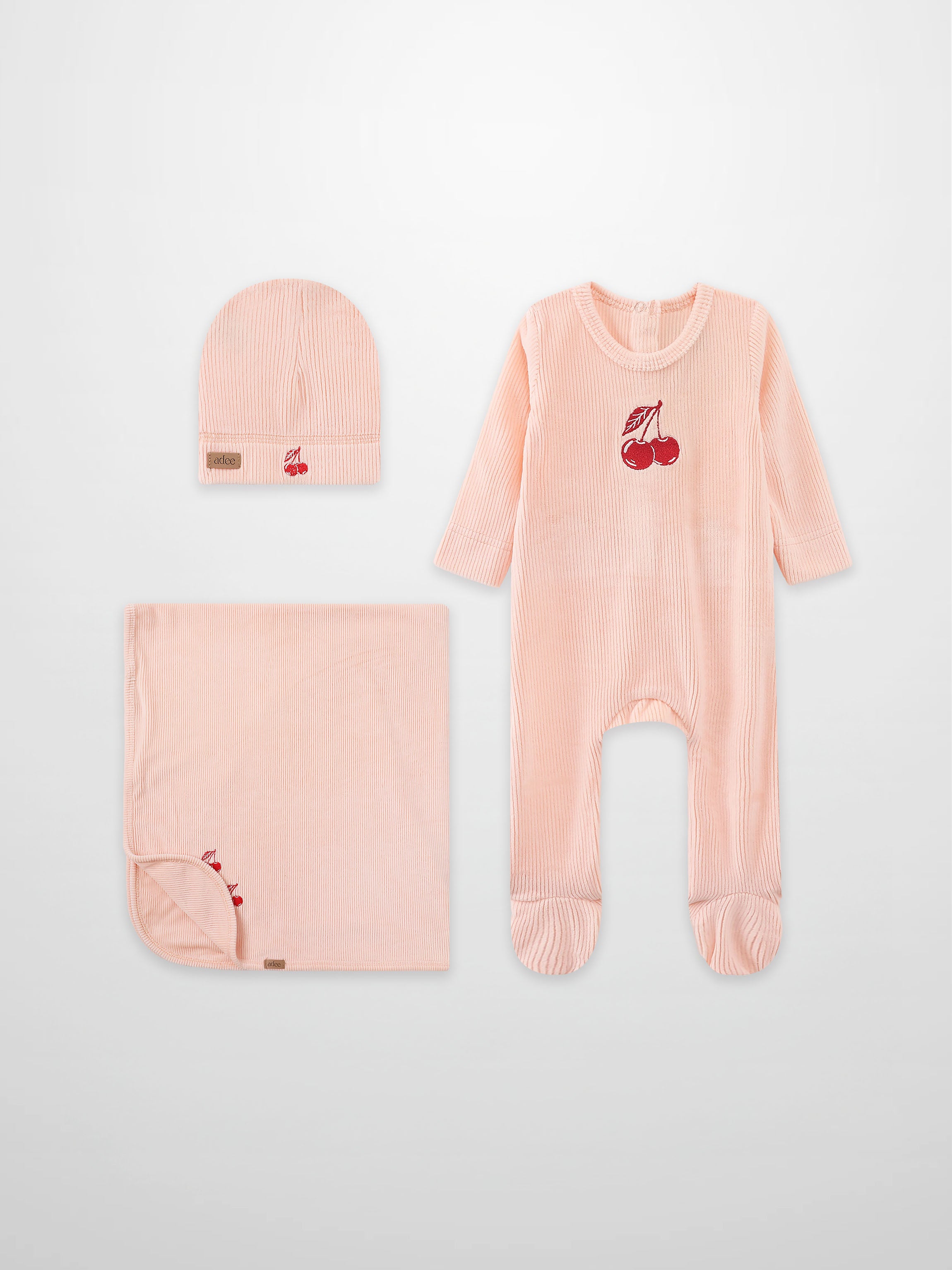 Layette set Embroidered Cherry by Adee in pink, 3-piece includes hat, blanket, and footed romper