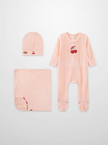 Layette set Embroidered Cherry by Adee in pink, 3-piece includes hat, blanket, and footed romper
