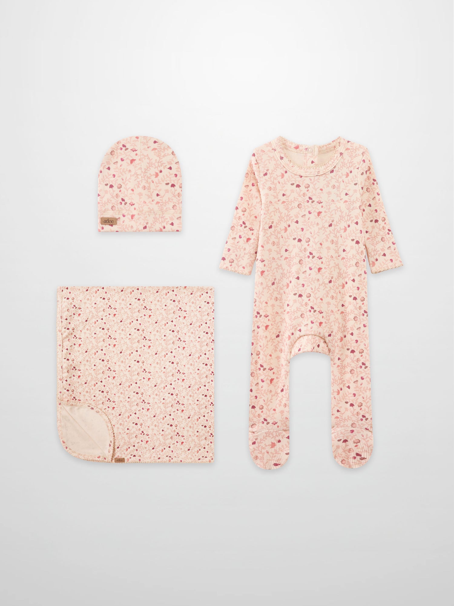 Garden Sprinkles Layette Set by Adee; pink floral 3-piece set with hat, blanket and footed sleeper.