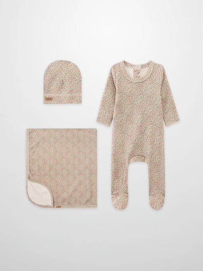 Pastel Petal layette set for girls by Adee, floral print romper, hat and matching blanket