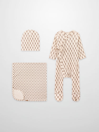 Brown Chain Layette Set by Adee; hat, blanket, and wrap-style gown in beige-brown chain print.